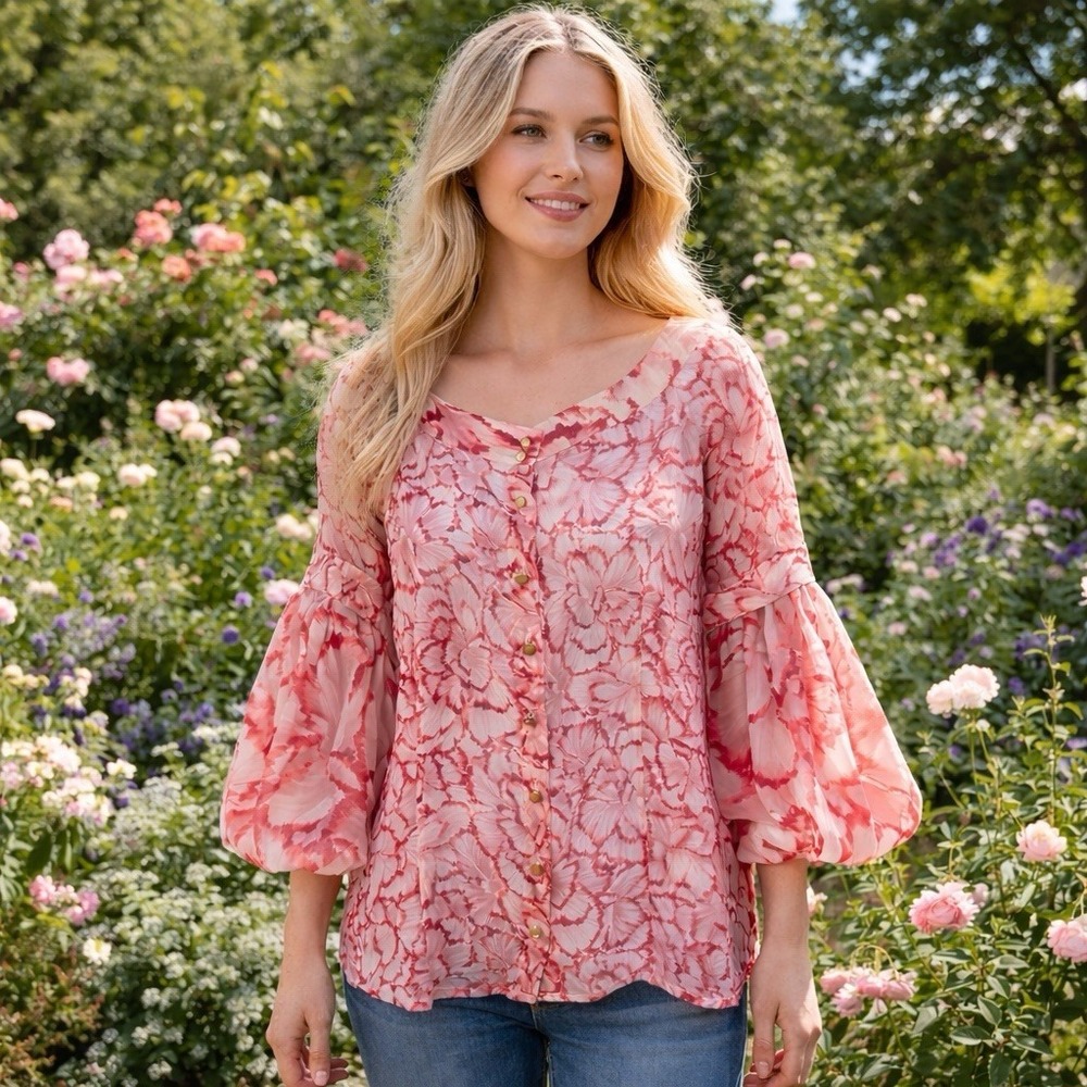 Escada 100% Silk Floral Button Up Blouse Puff Sleeve Derby Event Old Money 36 S